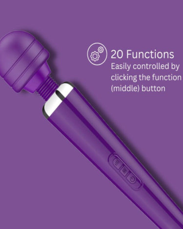 a purple object with the words 20 functions easily controlled by clicking the function middle button